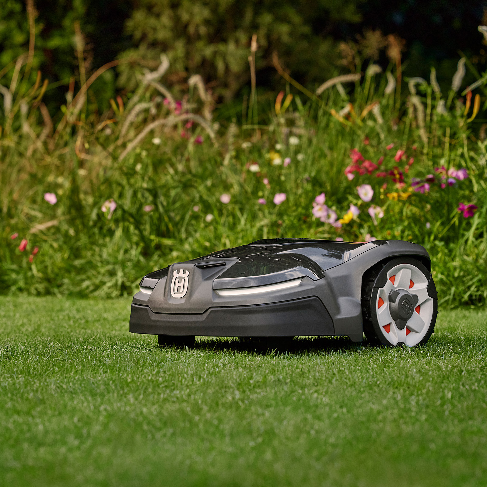 Husqvarna robotic mower beside a wildflower meadow