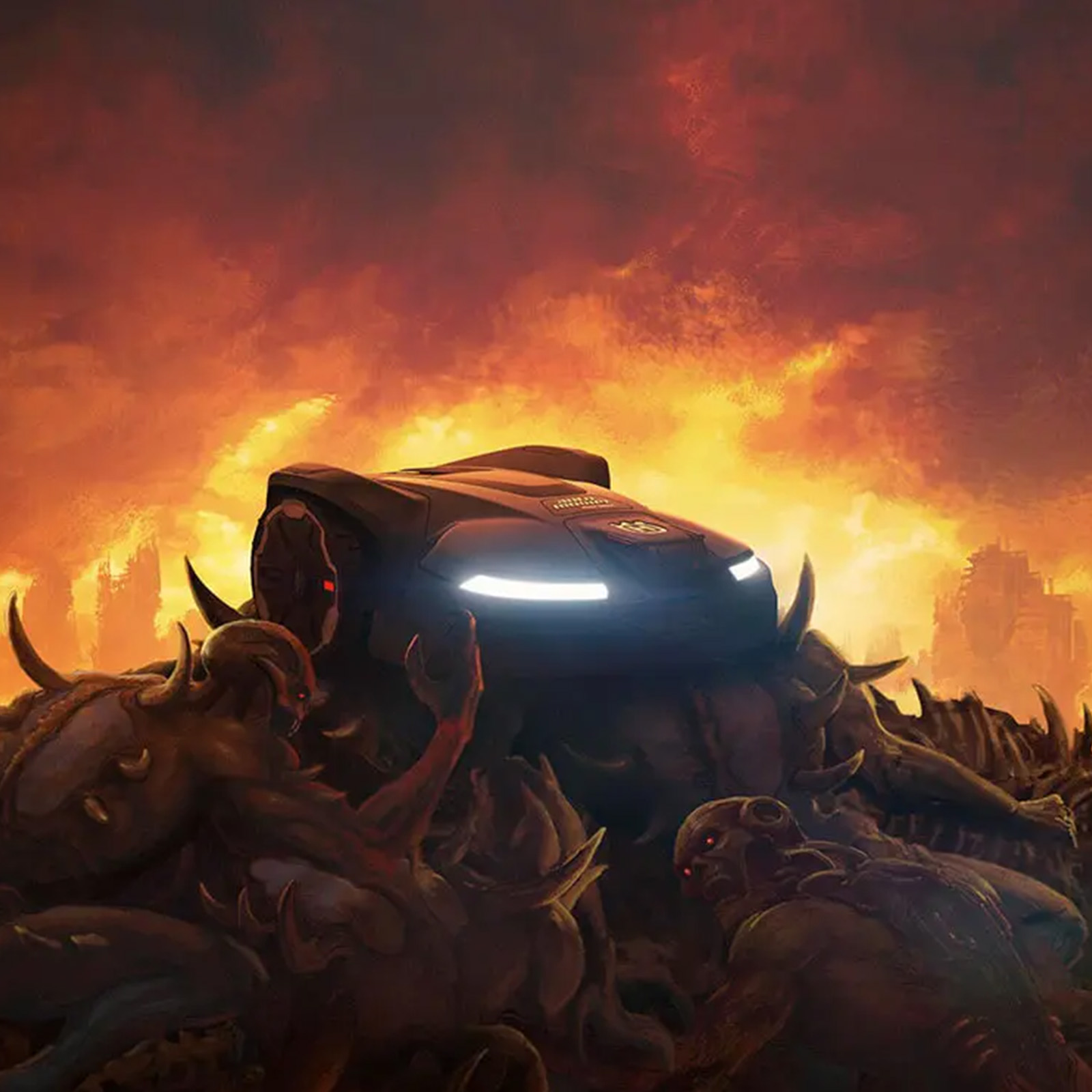 Husqvarna robotic mower on a pile of DOOM demons