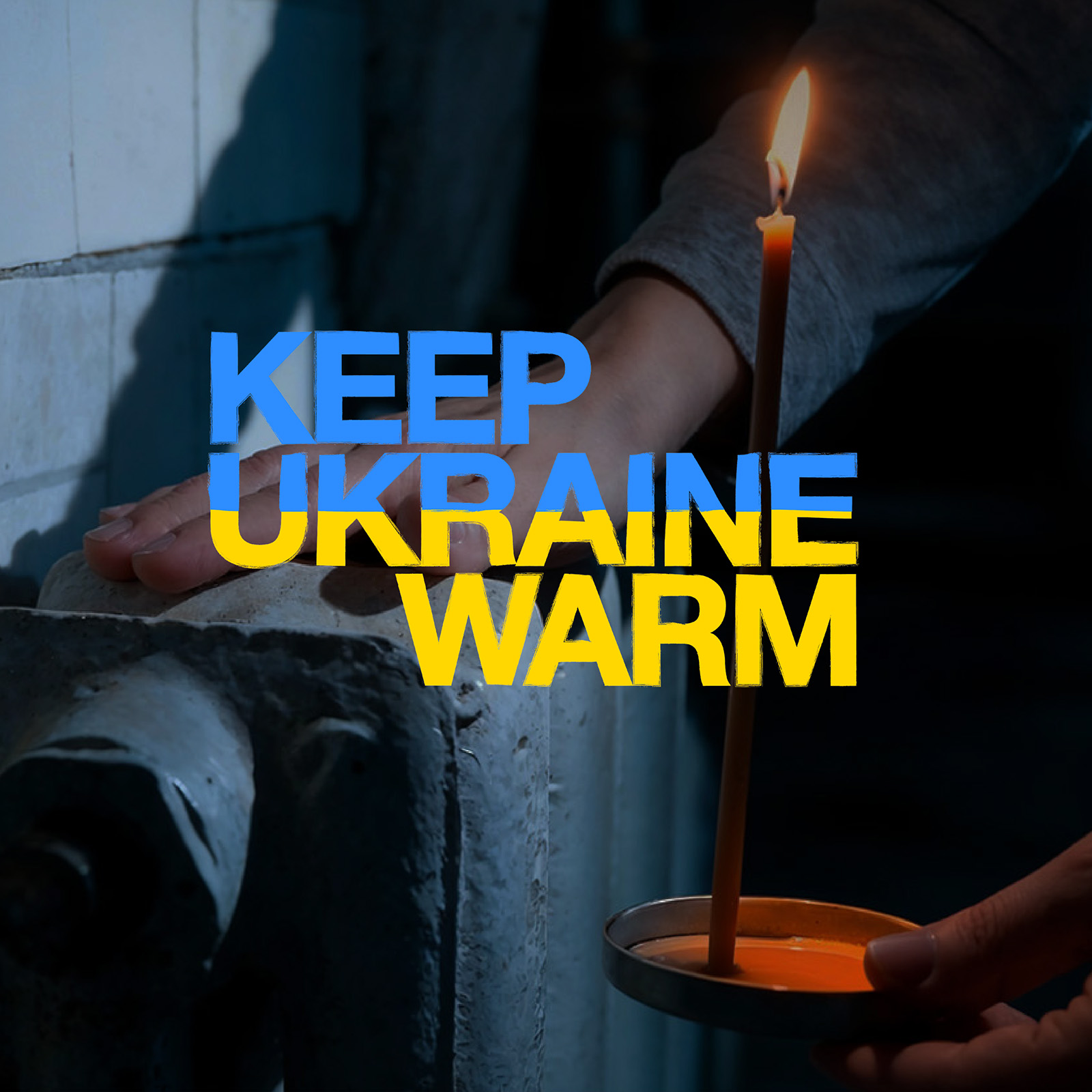 Hand on a cold radiator beside a candle, with the Keep Ukraine Warm logo
