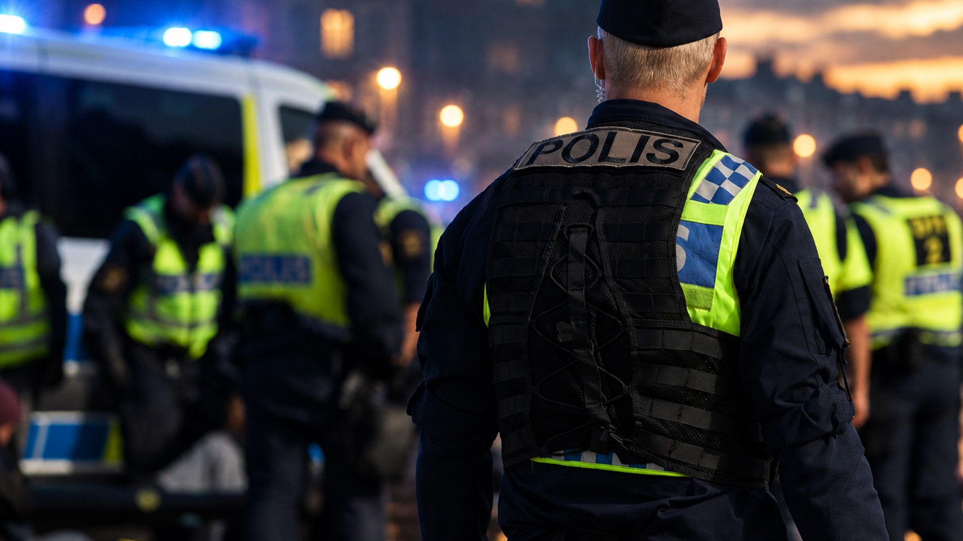 Police officers on duty in central Stockholm at dusk