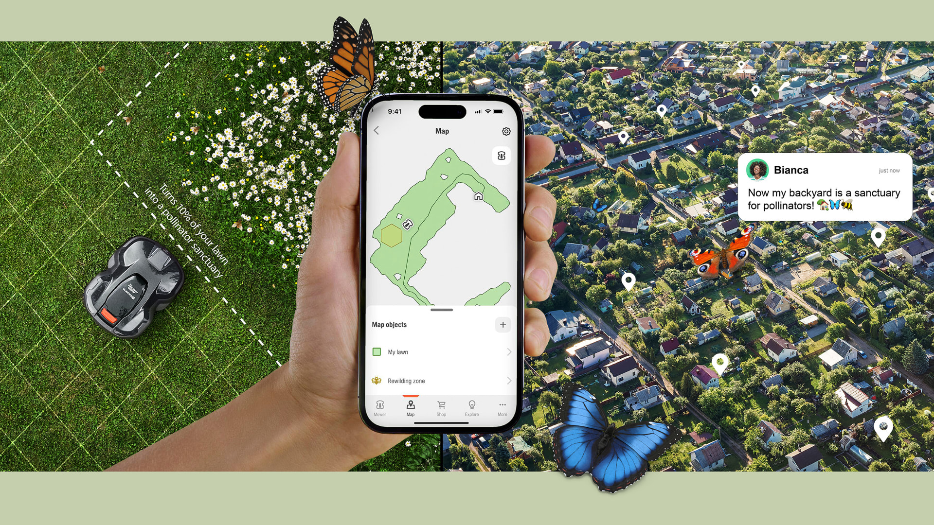 Husqvarna Rewilding Mode app marking a pollinator zone in a garden