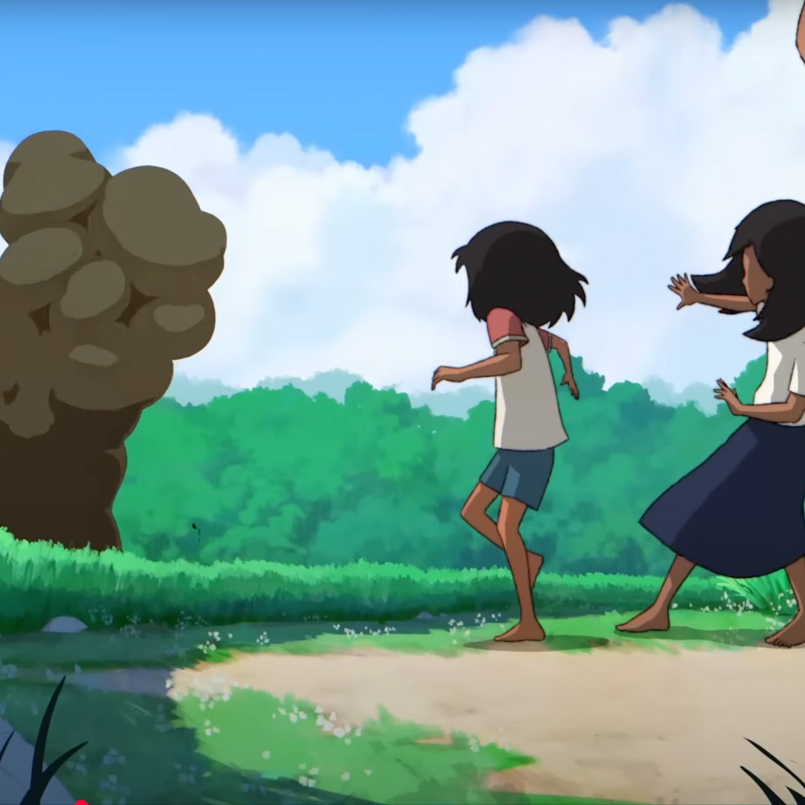 Animated children running along a path in the Komatsu campaign film